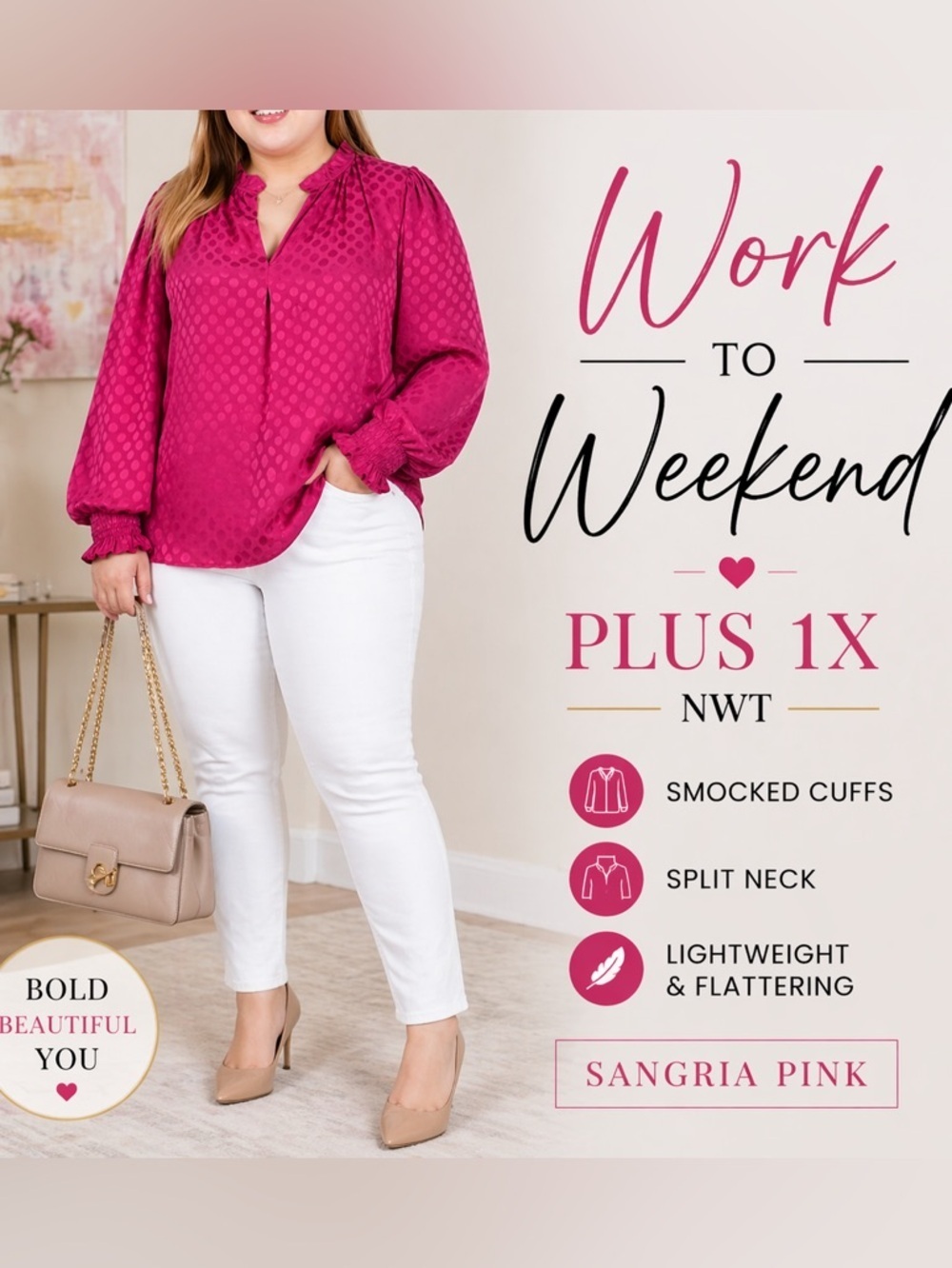 NY Collection 1X Plus Size Pink Satin Dot Blouse NWT Office Career